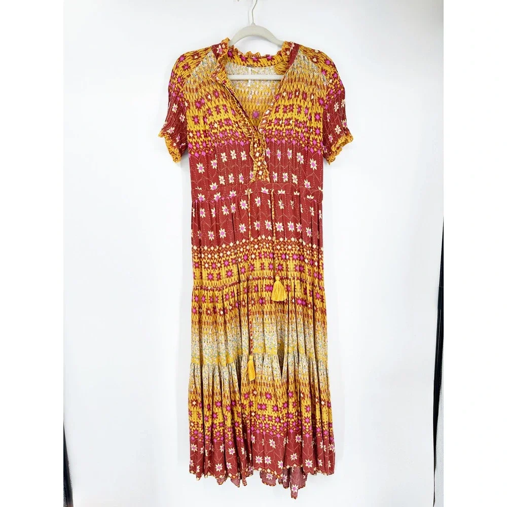 Free People Rare Feelings Maxi Dress S Red Yellow Boho Floral Summer Festival